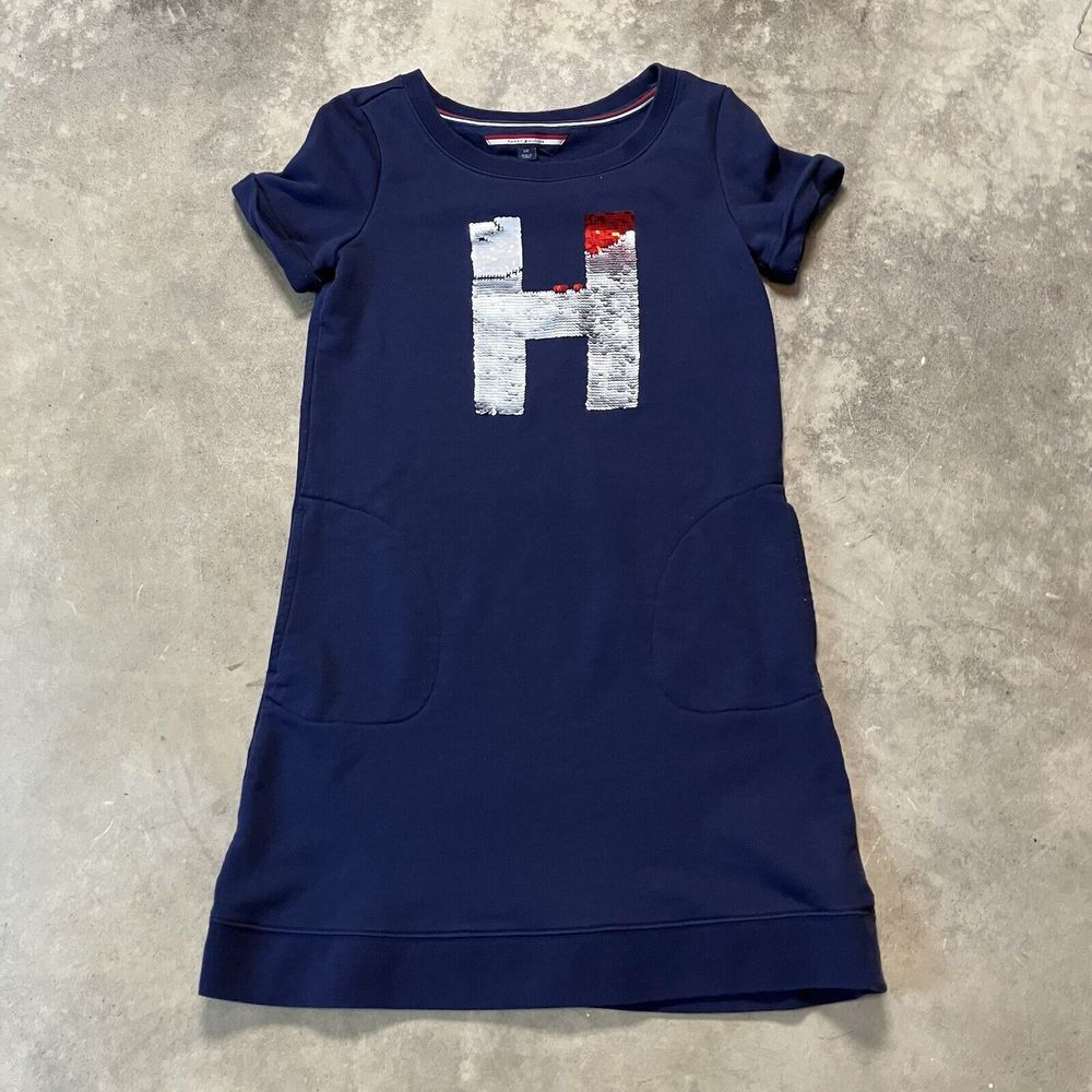 Tommy Hilfiger T Shirt Dress Womens Small Navy Blue Preppy‎ Sequins Academic